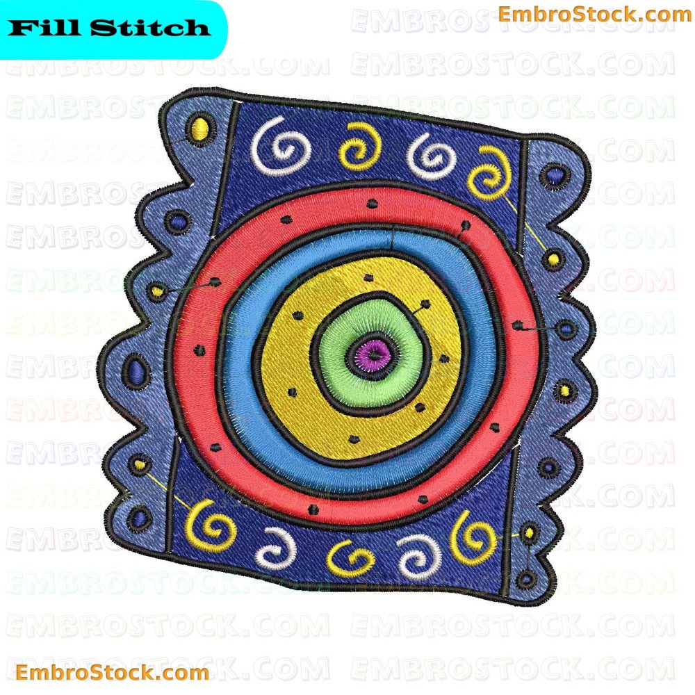 A colorful embroidered featuring concentric circles and child-friendly patterns.
