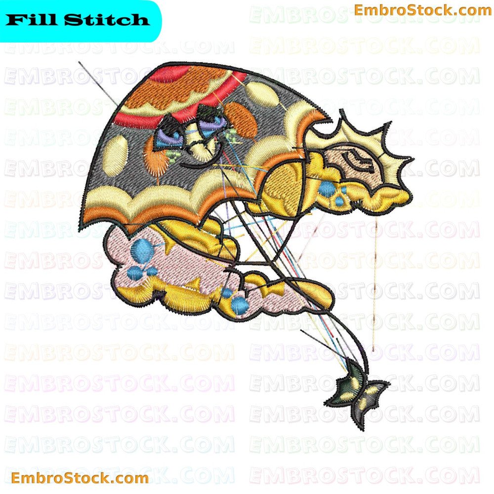 An embroidery design of a colorful kite with vibrant hues and attractive artistic details.