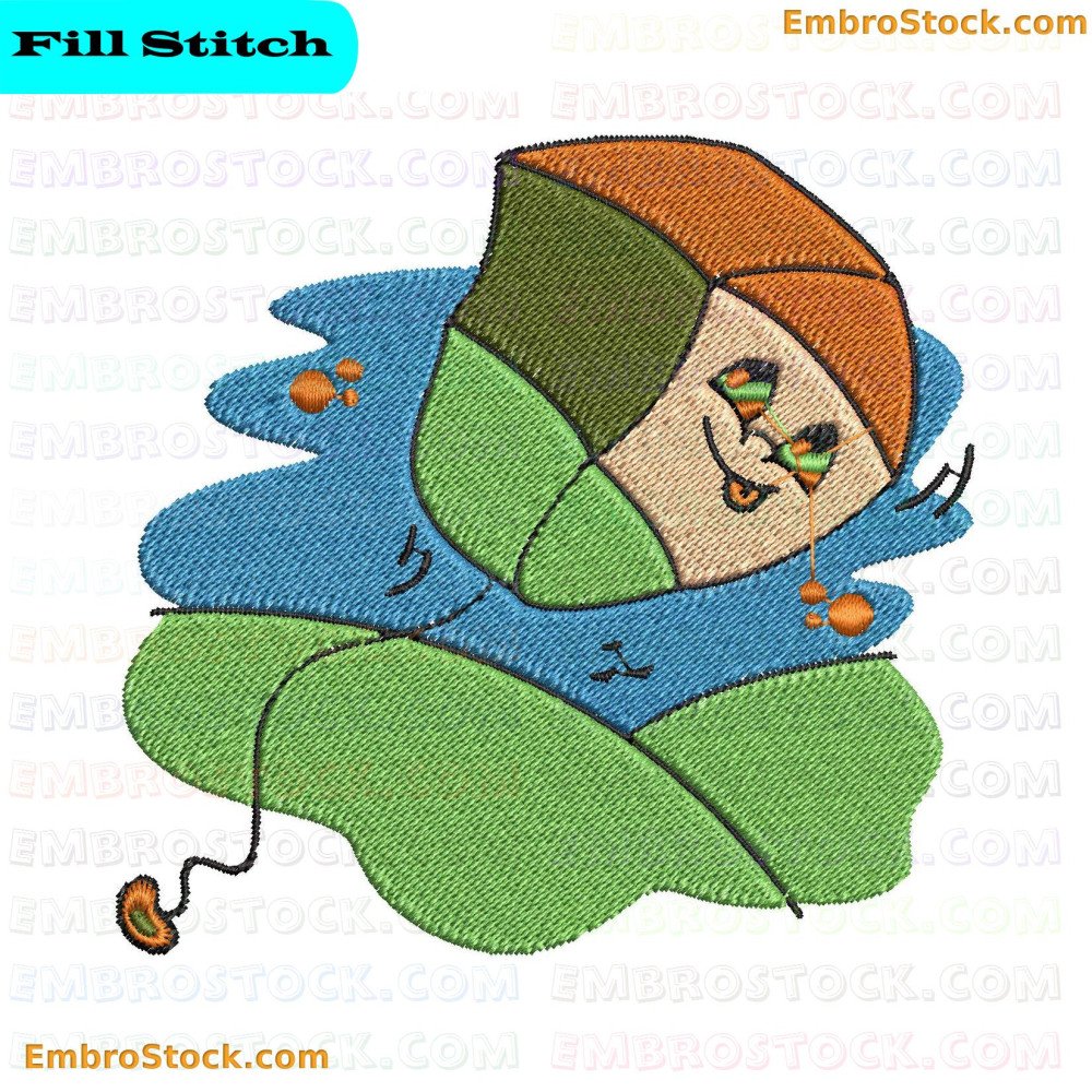 A design of a green and orange kite with a tail and bows, against a stylized blue sky background.