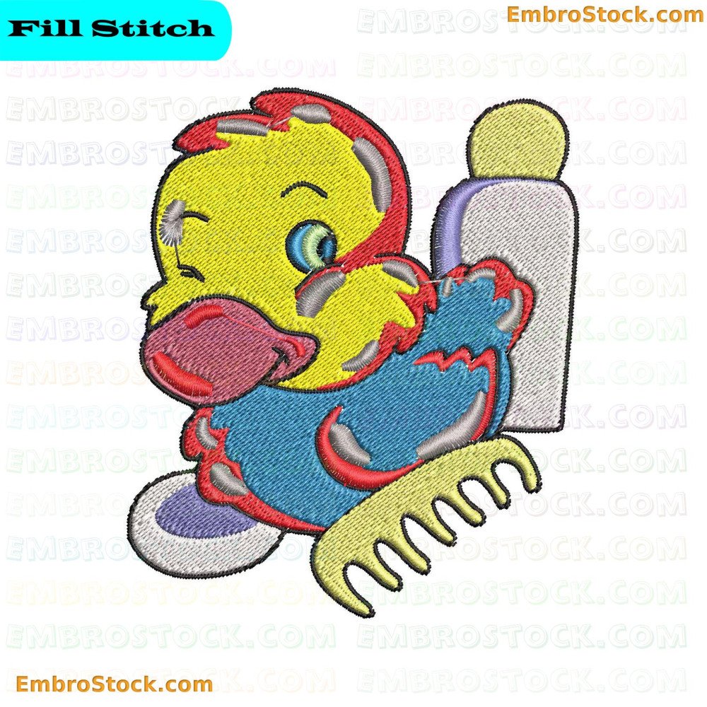 An embroidered design of a yellow rubber duck with colorful details and decorative patterns.