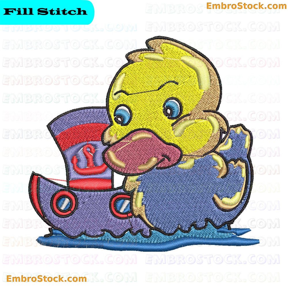 An embroidered design featuring a yellow rubber duck in a purple and red boat