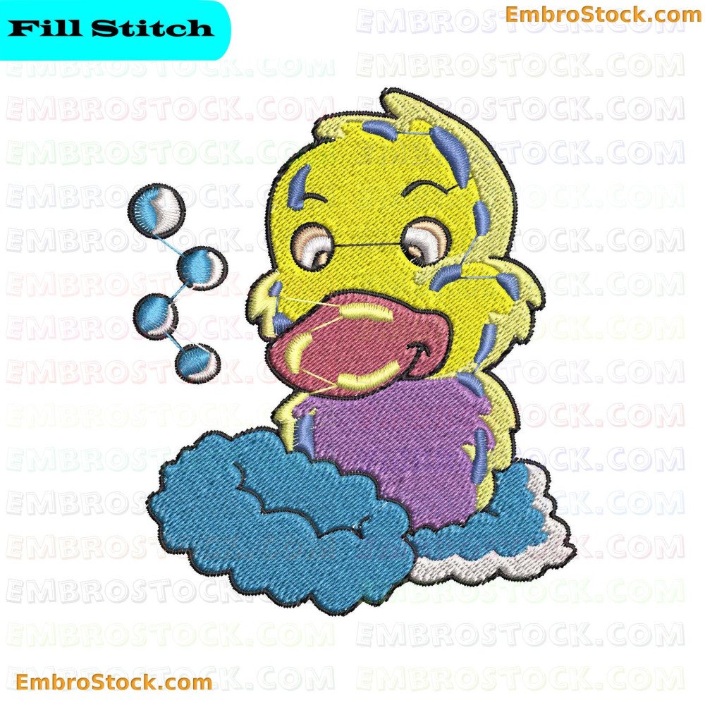 An image of a yellow rubber duck with blue bubbles and parts of its body in purple and white.