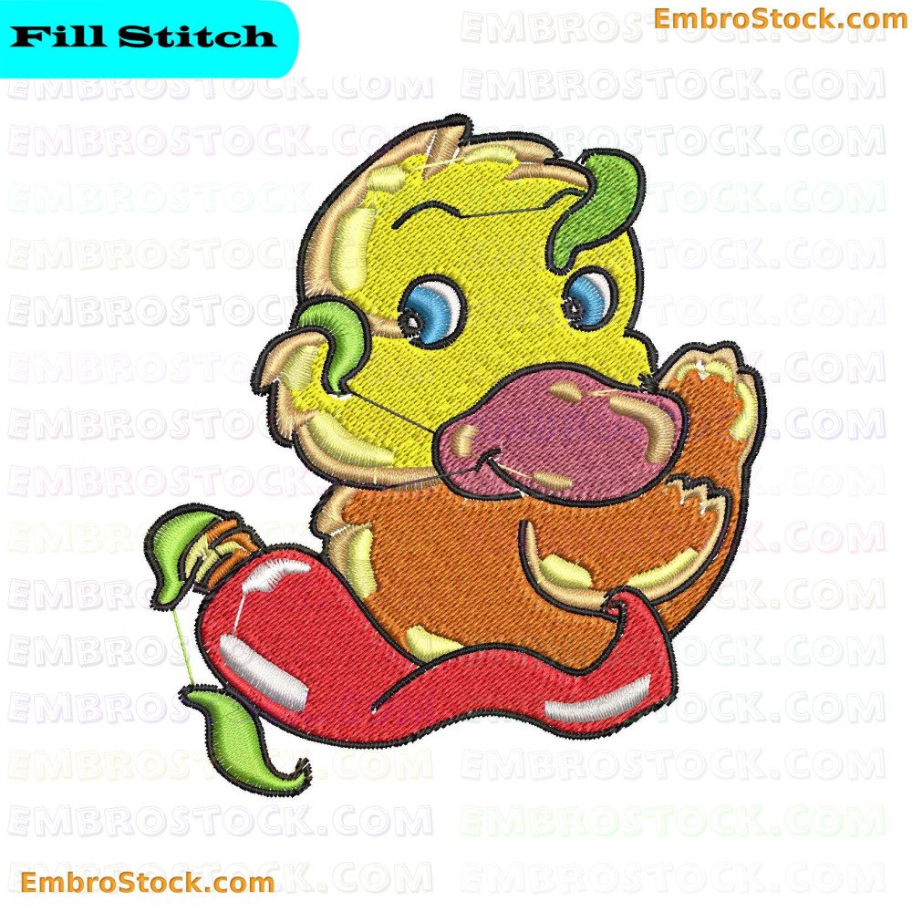 An image of an embroidery depicting a rubber duck in yellow and brown colors Next to it is a box of toothpaste, which is red and the toothpaste is green.