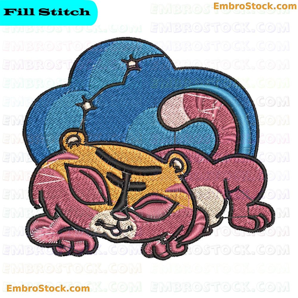 An image of an embroidered depicting a tiger in pink and yellow hues against a blue background with white stars.