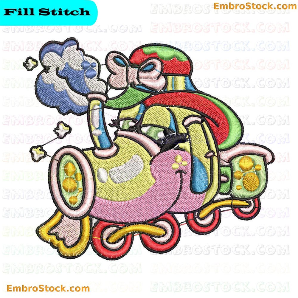 An embroidered depicting a colorful cartoonish train with exaggerated details and decorative patterns.