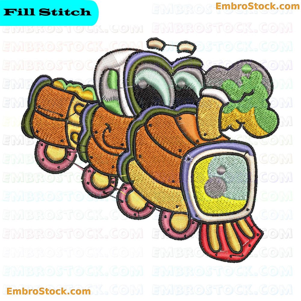 An embroidered depicting a multi-colored train with intricate details and an appealing look.