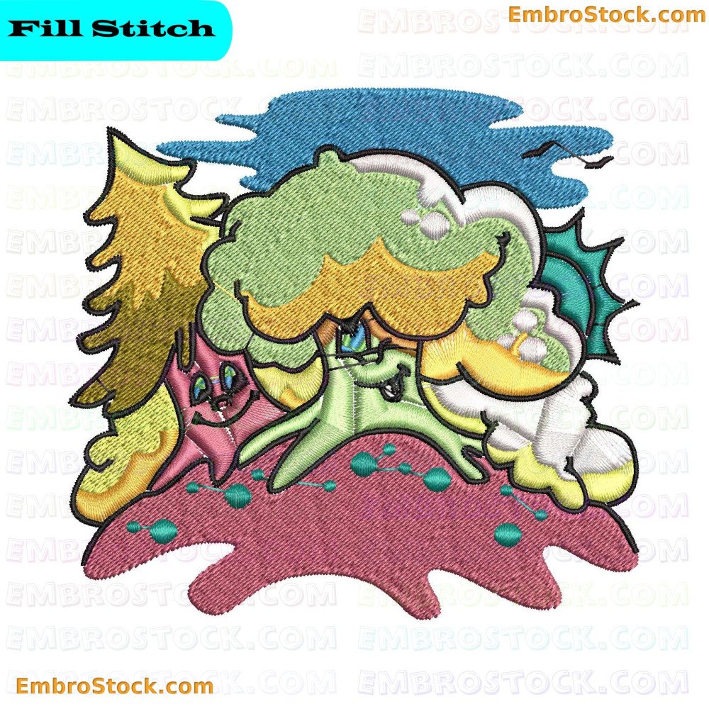The image features an embroidery design with three distinctively colored and shaped trees against a backdrop representing sky and clouds.