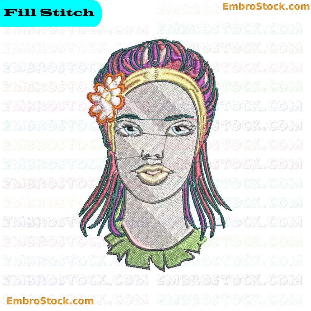 An embroidery design showing the back view of a woman's head with colorful hair and floral patterns.