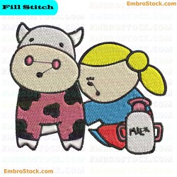 Cow And Girl Characters Embroidery Design 10