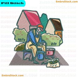 Cow Milking Scene At Farm Embroidery Design 6