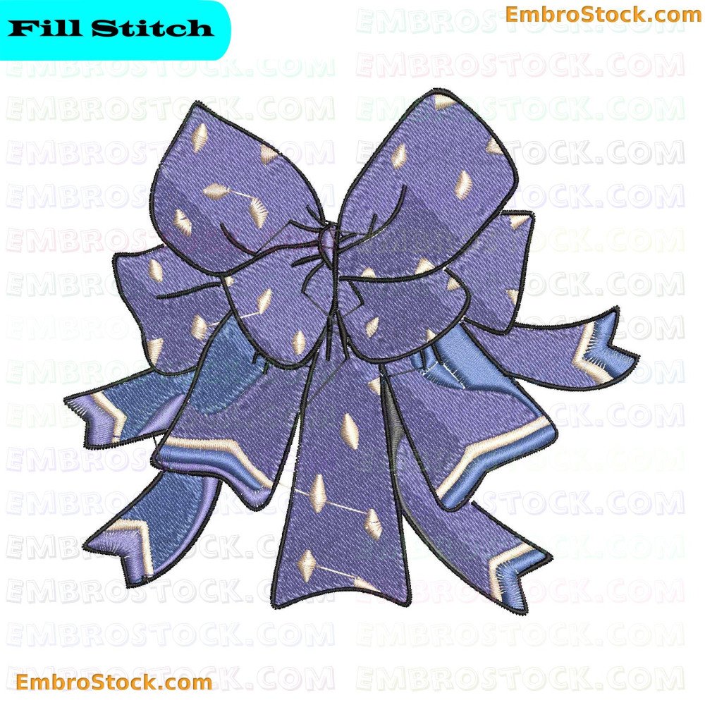 An image of an ornate ribbon bow in purple with light-colored spots indicating a reflective surface.
