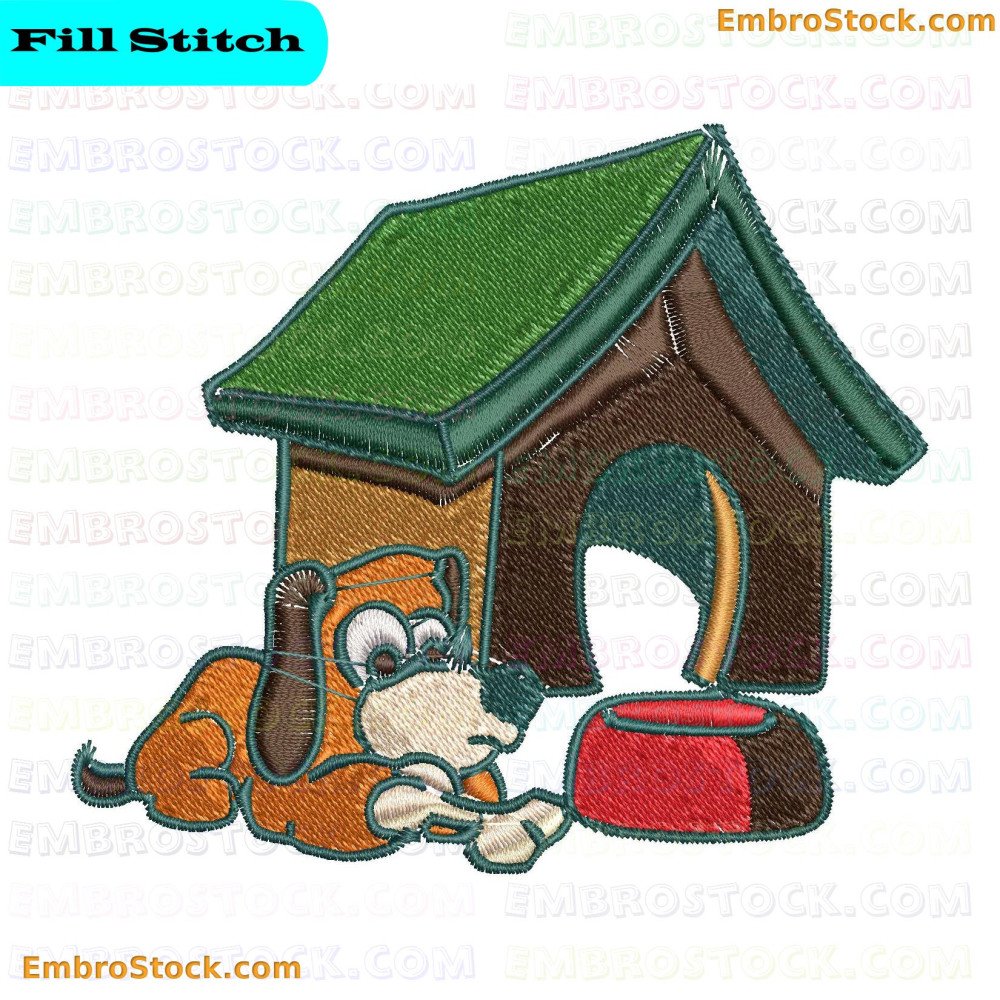 An embroidered design depicting a dog beside a doghouse and bowl.