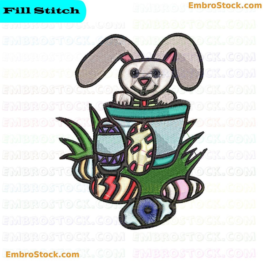 An embroidered depicting a rabbit emerging from a magician's hat surrounded by colorful Easter eggs.