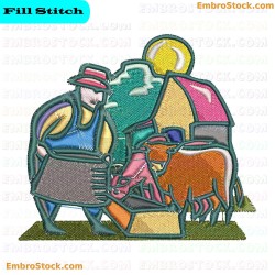 Farmer Milking Cow Embroidery Design 20