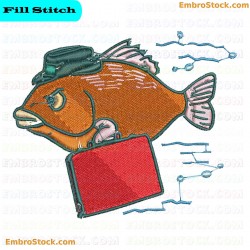 Fish Wearing Hat And Carrying Briefcase Embroidery Design 17