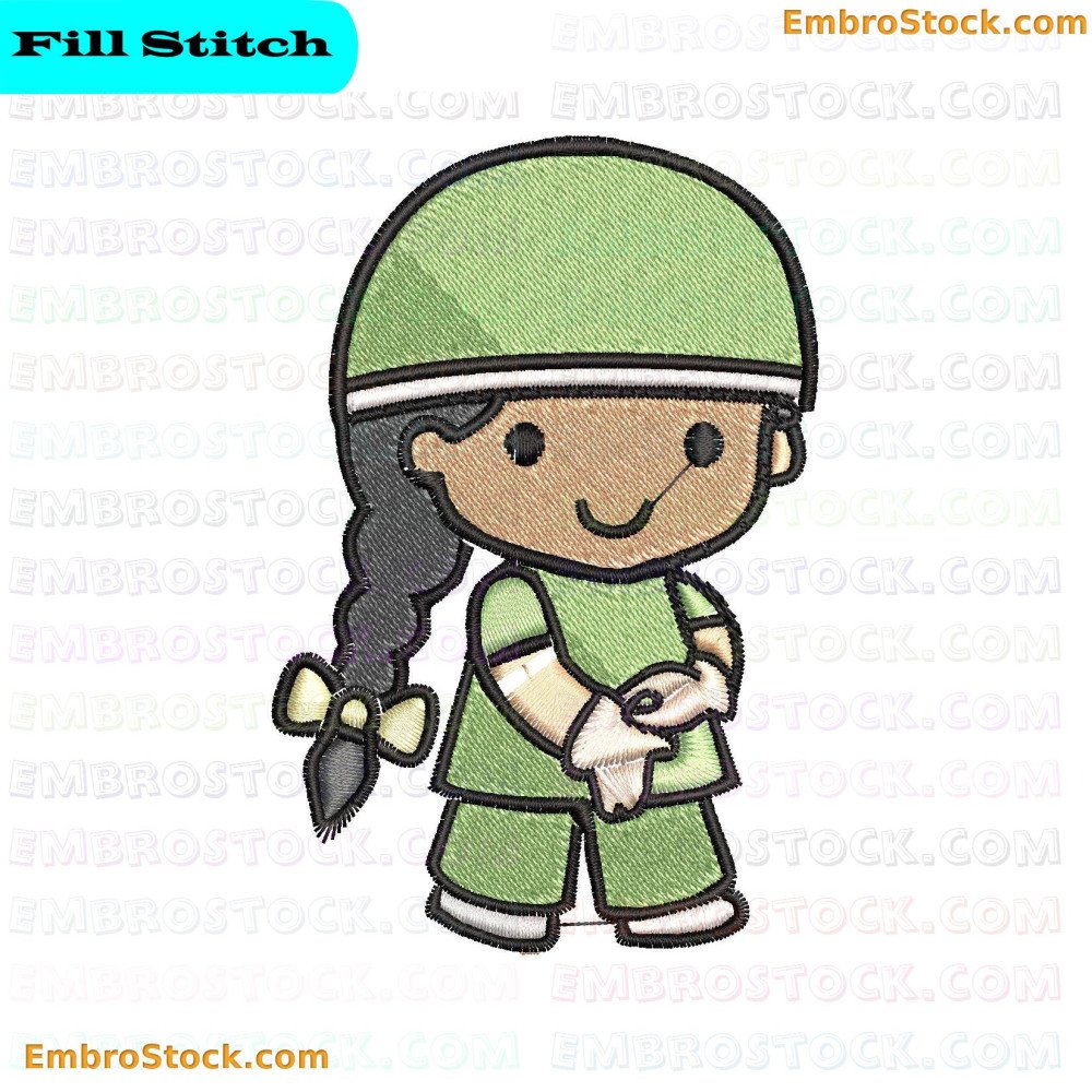 An embroidery design depicting a cartoon character that represents a child dressed in surgical attire, indicating medical professions as future careers for children.