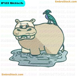 Hippo And Bird Embroidery Design 2