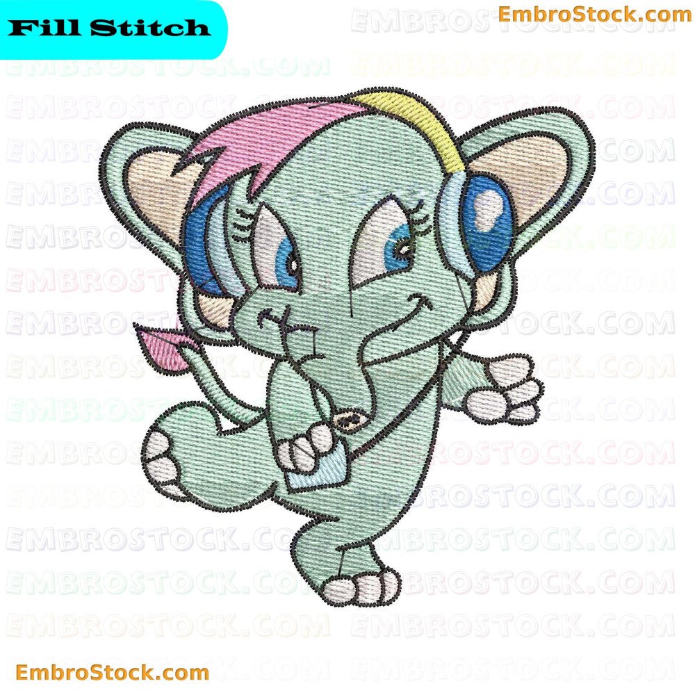 An embroidered design featuring a cartoon elephant wearing headphones and dancing joyfully.