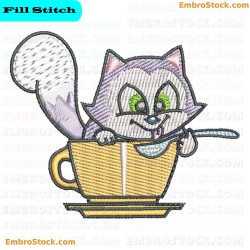 Mischievous Kitten In Teacup Embroidery Design 1