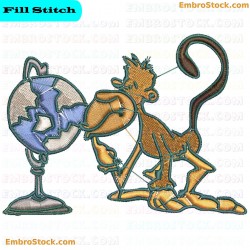 Monkey Examining A Globe Embroidery Design 17