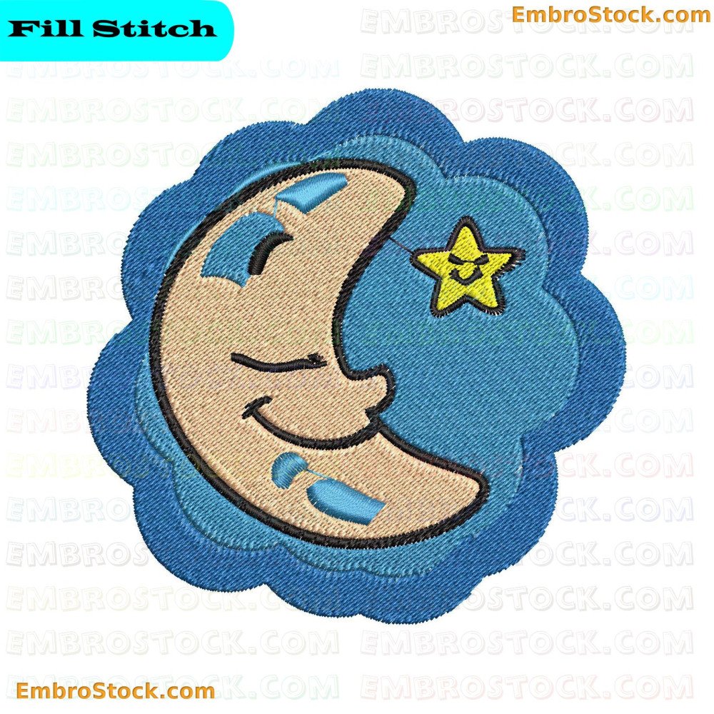 The image depicts a night scene with a blue background, featuring a crescent moon with closed eyes and a star.