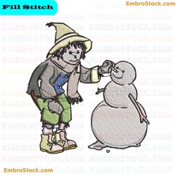 Scarecrow Placing Carrot Nose On Snowman Embroidery Design 27