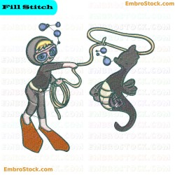 Scuba Diving Child And Seahorse Embroidery Design 10