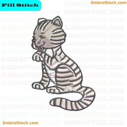 Striped Cat Licking Its Paw Embroidery Design 4