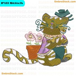 Stylish Cat With Flowers Embroidery Design 1