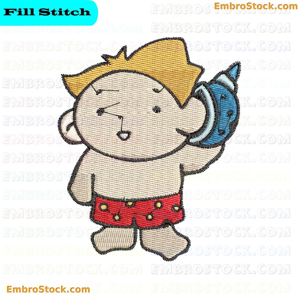 An embroidered depicts a cartoon child with yellow hair and red shorts listening to a sea shell.