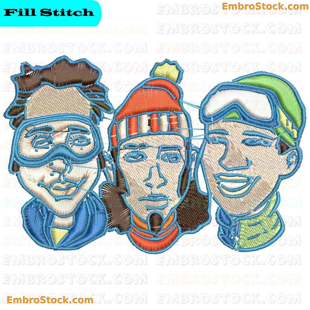 The image shows three people dressed in winter clothing, preparing for winter activities in a snowy area.