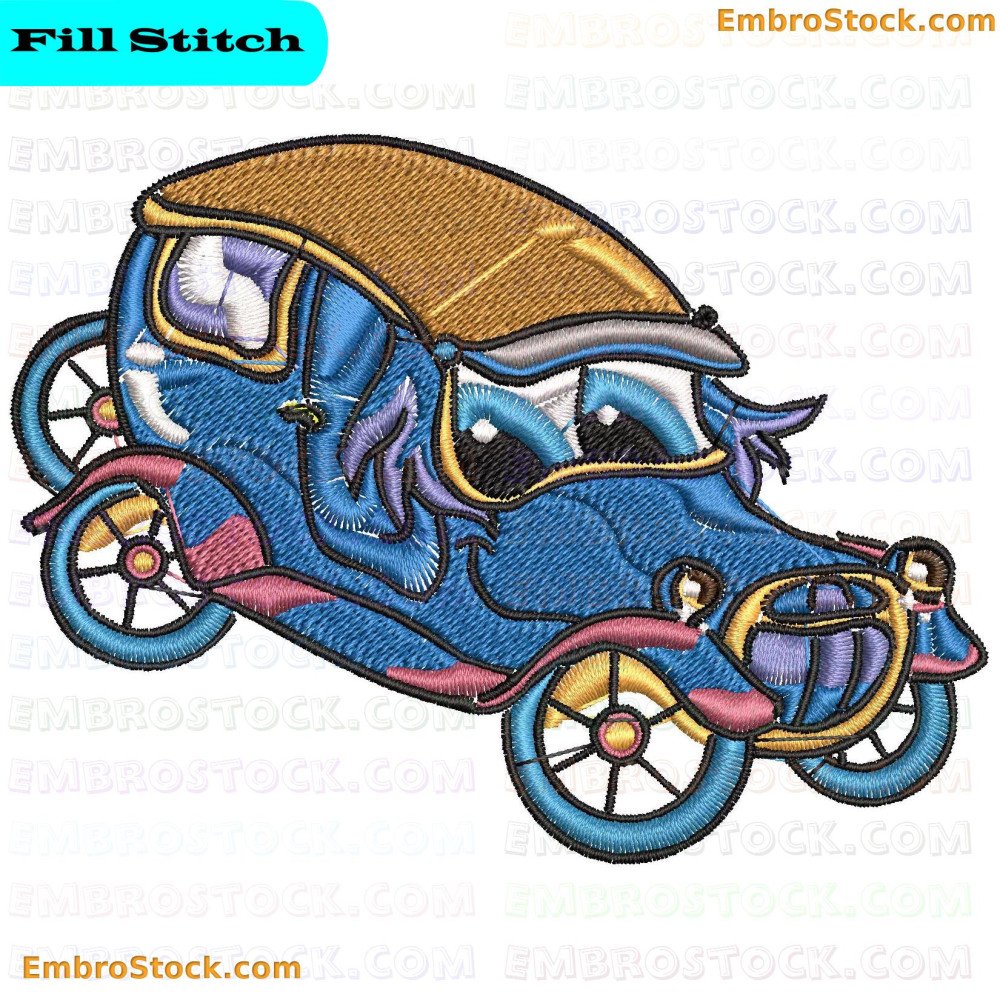 An image of an embroidery featuring a lively colored, detailed vintage car.