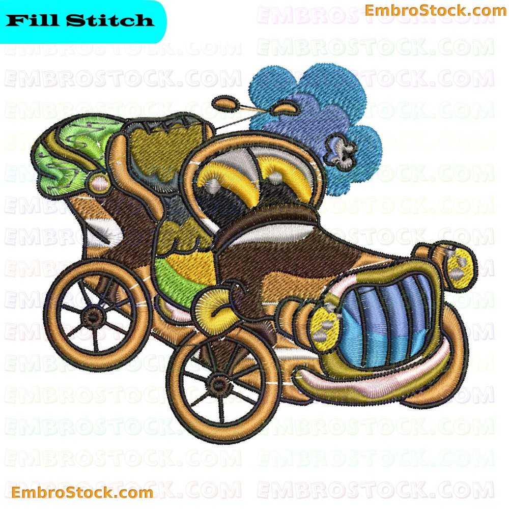 An embroidered depiction of a vintage car with bright colors and exaggerated features.