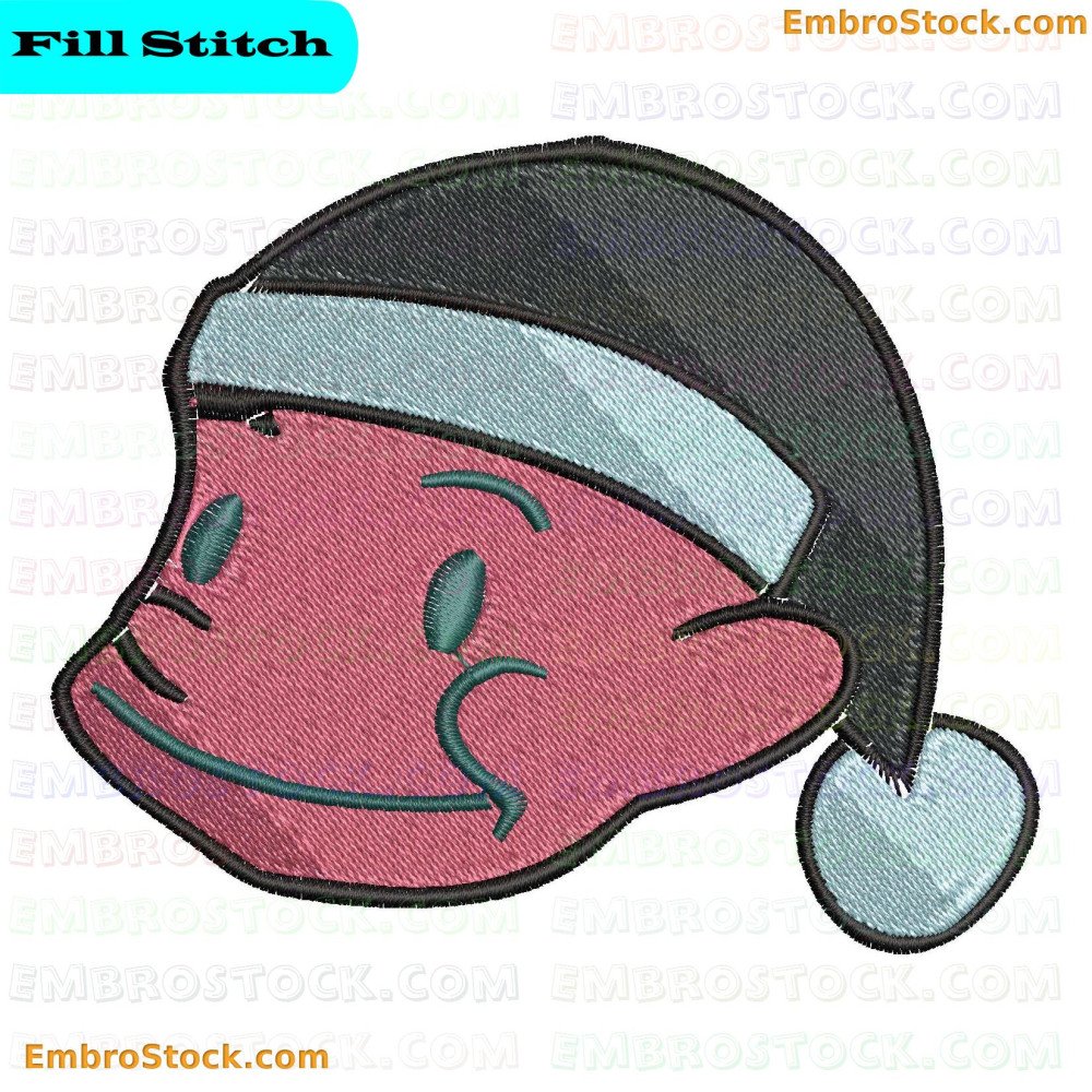 An image of an embroidered showing a smiling pink face with closed eyes wearing a black and light blue or gray winter hat with a pom-pom on top.